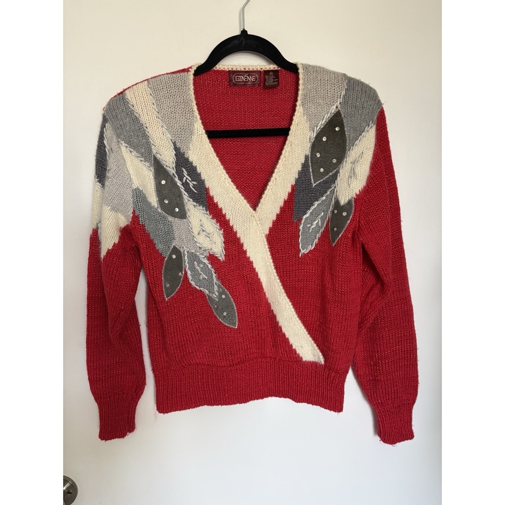 Vintage Ginenne Red Faux Wrap Knit Sweater Women's M 80s 90s Angora Blend